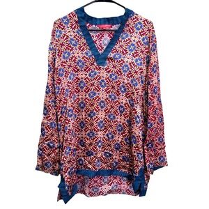 Lisa Corti Milano Eli Tunic Top XL V Neck Geometric Print Long Sleeve Viscose